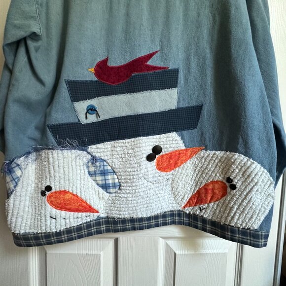 Vintage Women's 2X Denim Shirt Front & Back DIY 3D Snowman Applique Embroidery - Picture 3 of 11